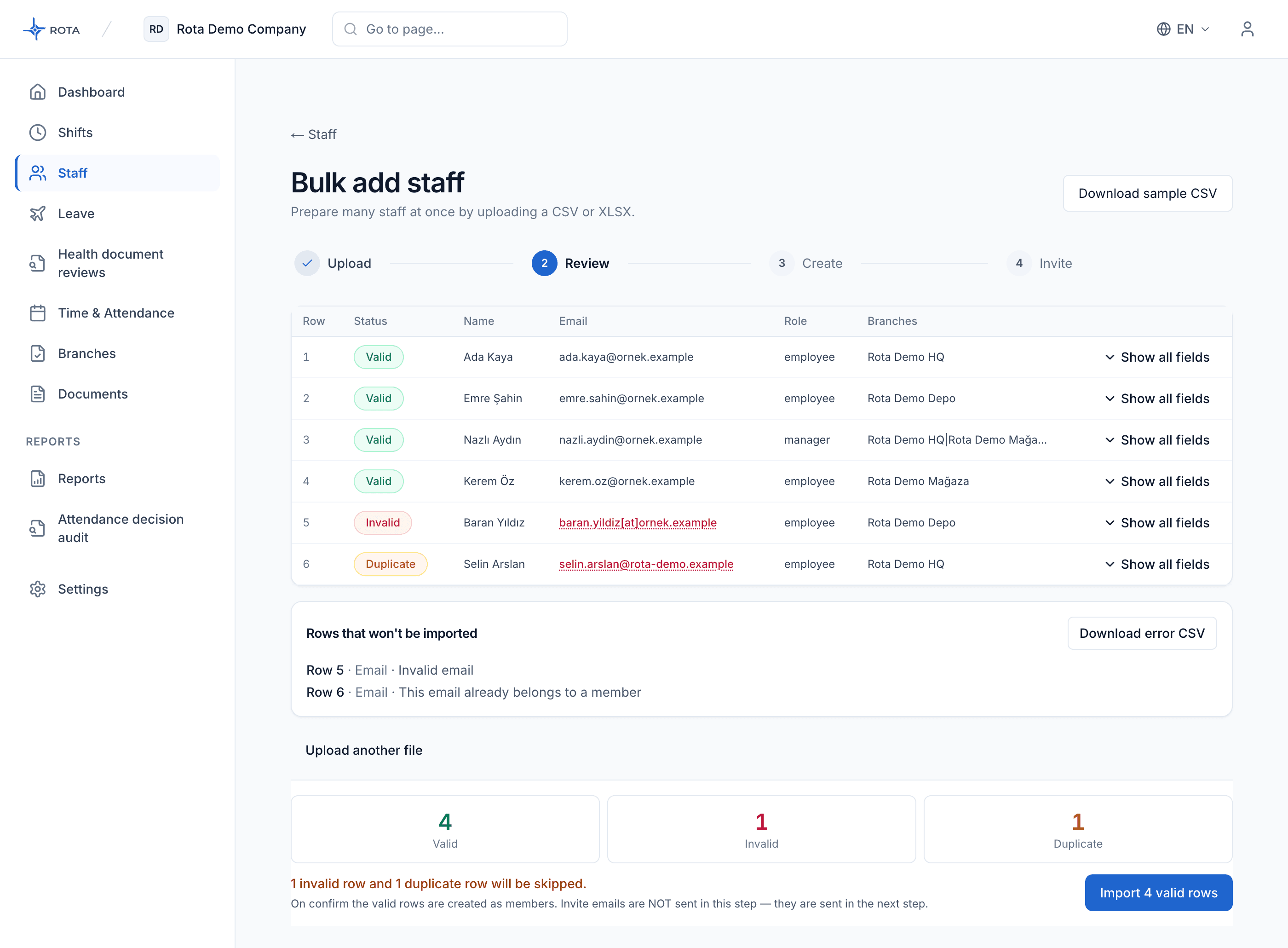 Bulk add staff preview: four Valid, one Invalid and one Duplicate row with the Download error CSV button at the top right