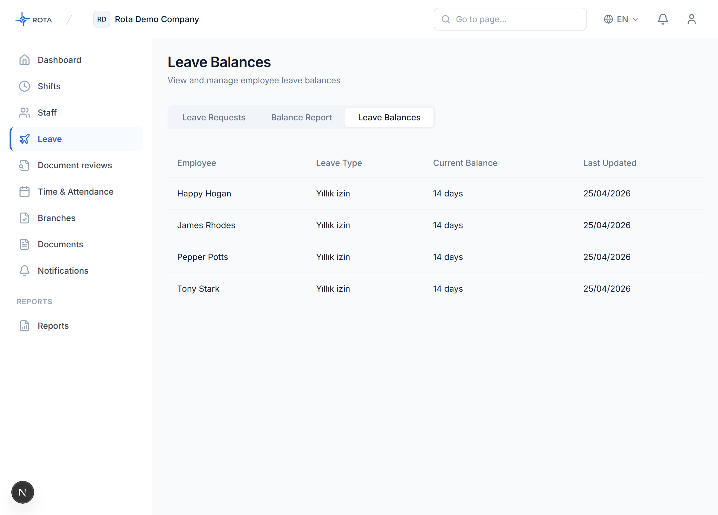 ROTA leave balances screen — remaining leave days