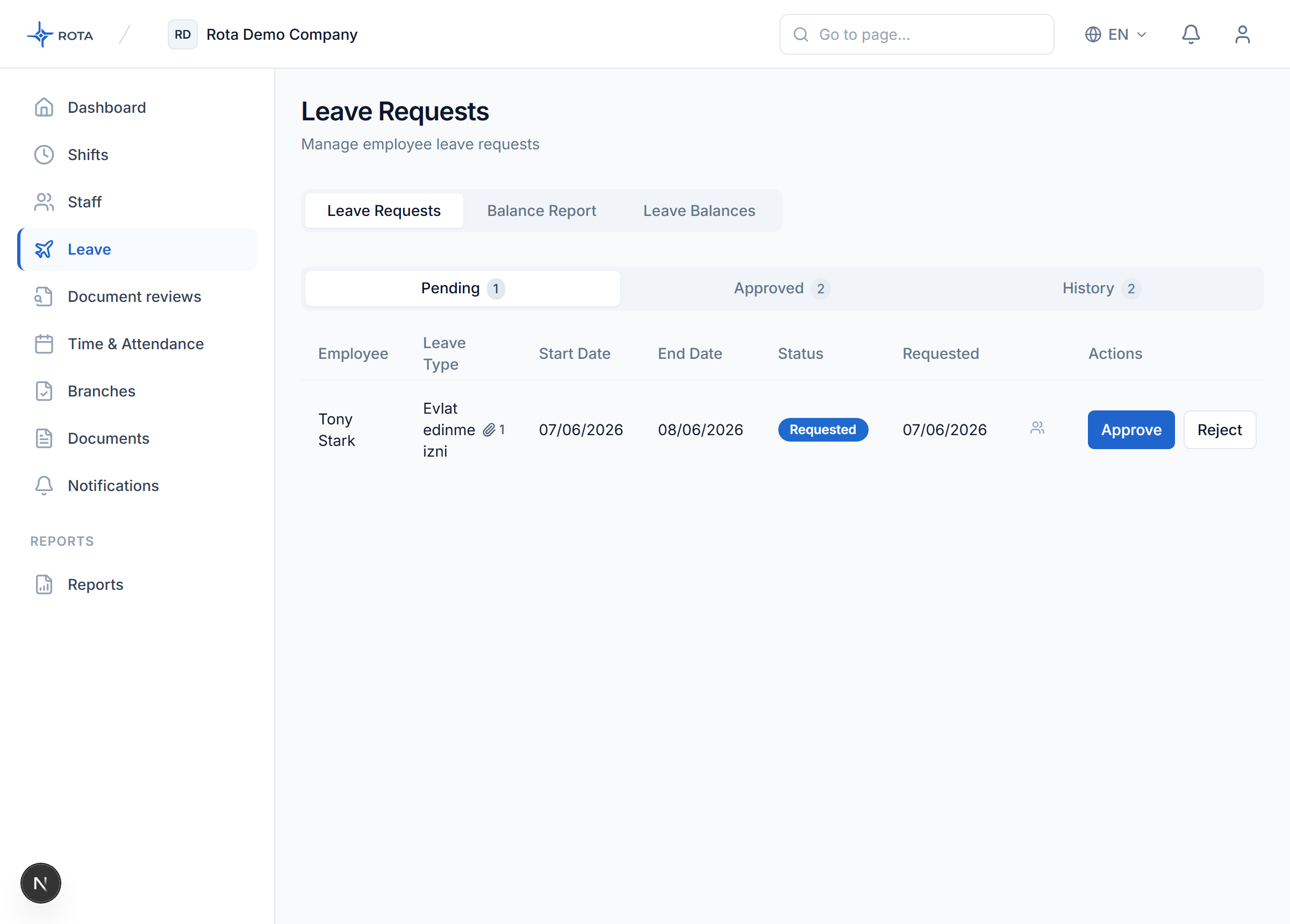 ROTA leave requests screen — request, approval and status