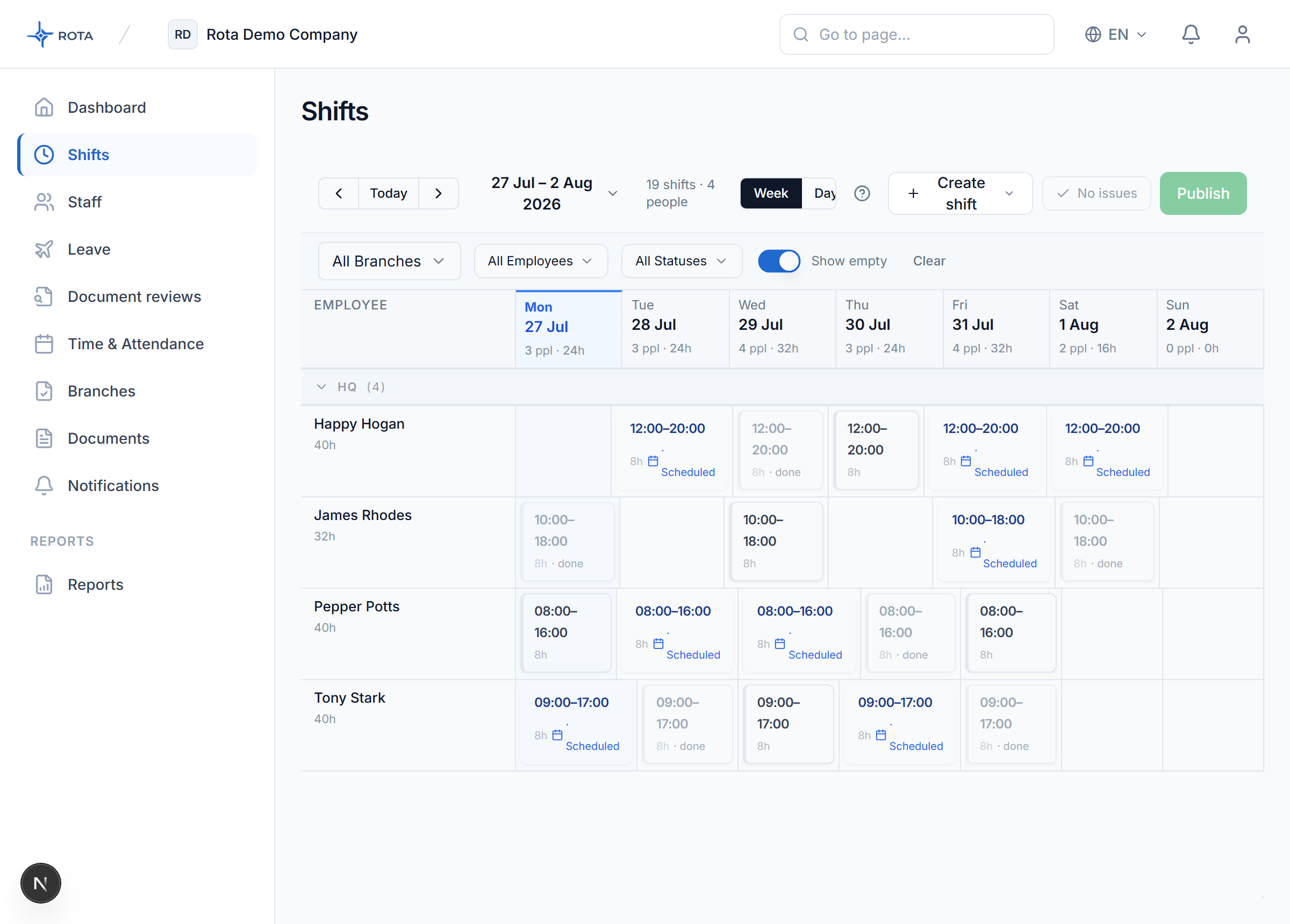 ROTA weekly shift rota — the whole team schedule on one screen