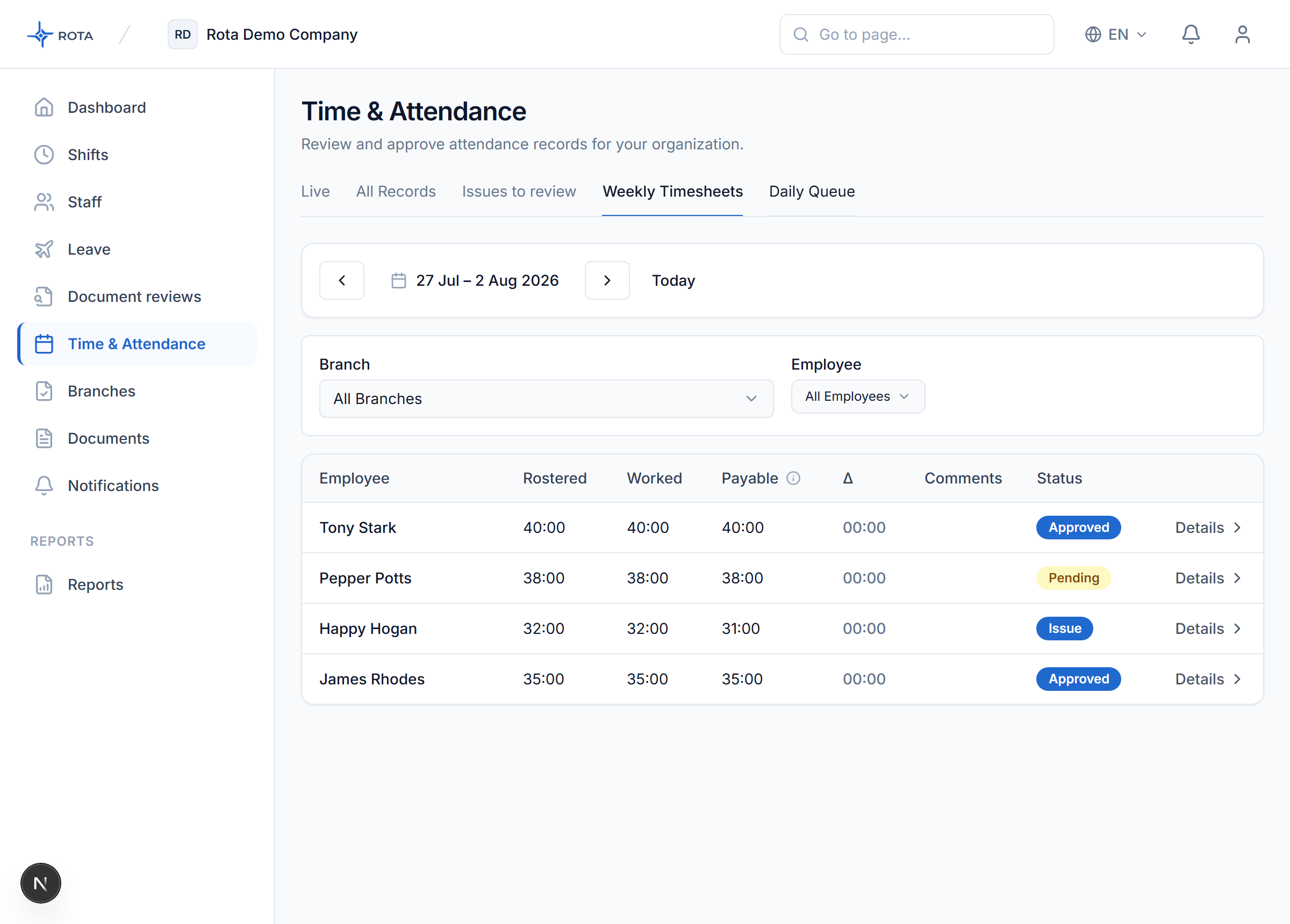 ROTA weekly timesheet screen — rostered, worked and payable hours
